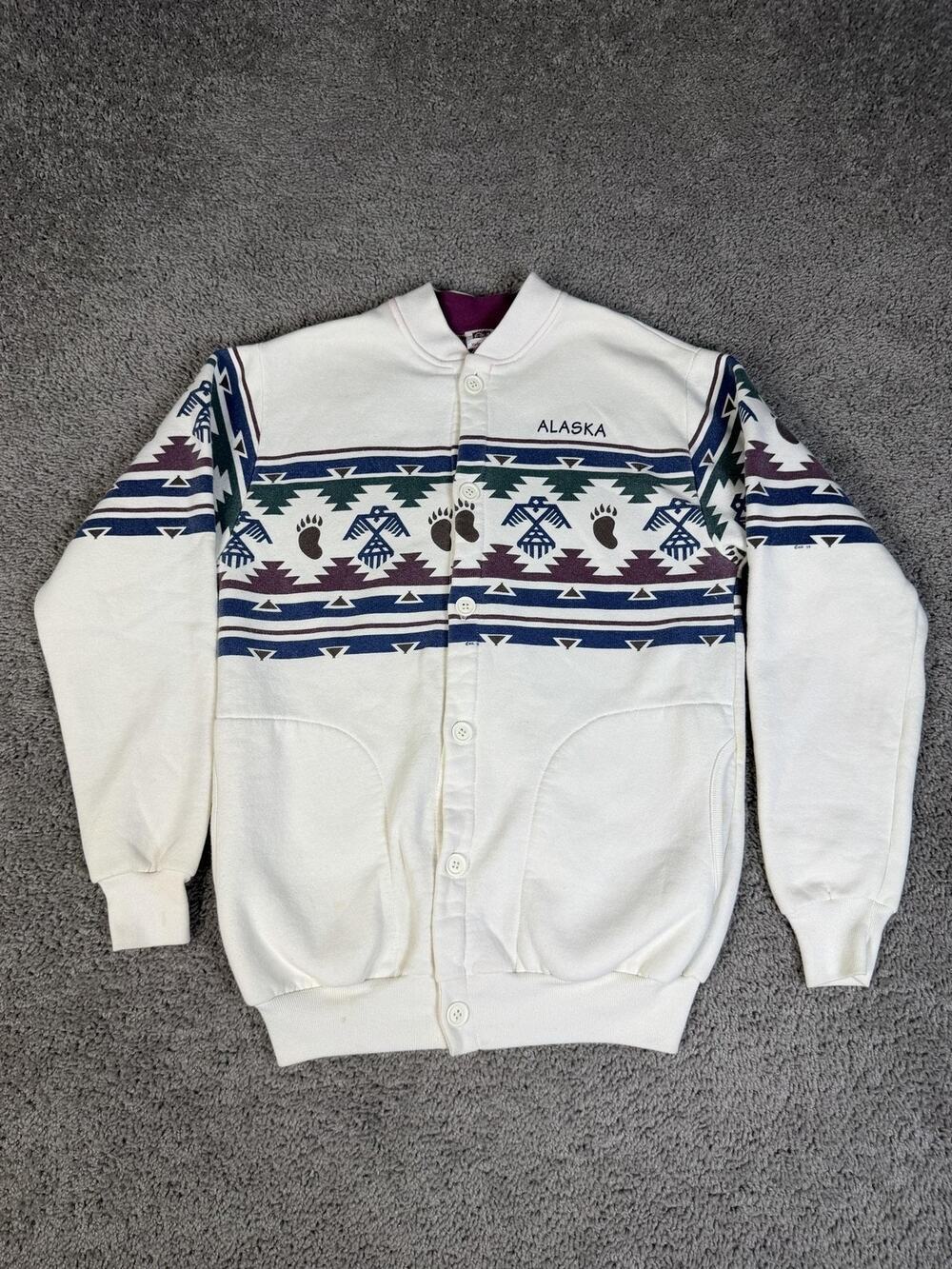 Vintage Art Unlimited Sweater Mens M White Tribal Pockets Cardigan 90s
